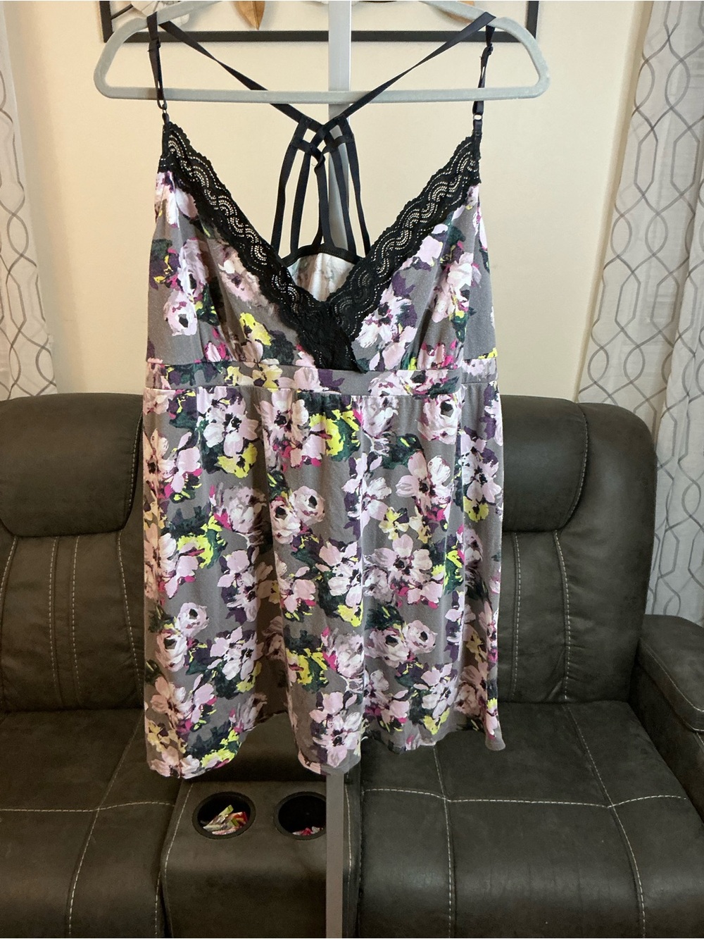 Cacique Lavender Floral Chemise with Black Lace Strappy Back